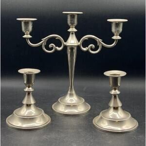Vintage Silver-Plated 3-Pc Candle Holder Set 3-Arm Candelabra & 2 Single Holders